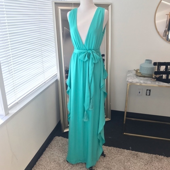 BCBGMAXAZRIA teal maxi dress silky ruffles size 4 - Picture 2 of 5